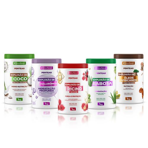 Kit Combo Creme de Pentear Explosão de Coco + Hialurônico + Rícino + Babosa + Óleos Africanos 1Kg (5 itens) | bn.Cachos